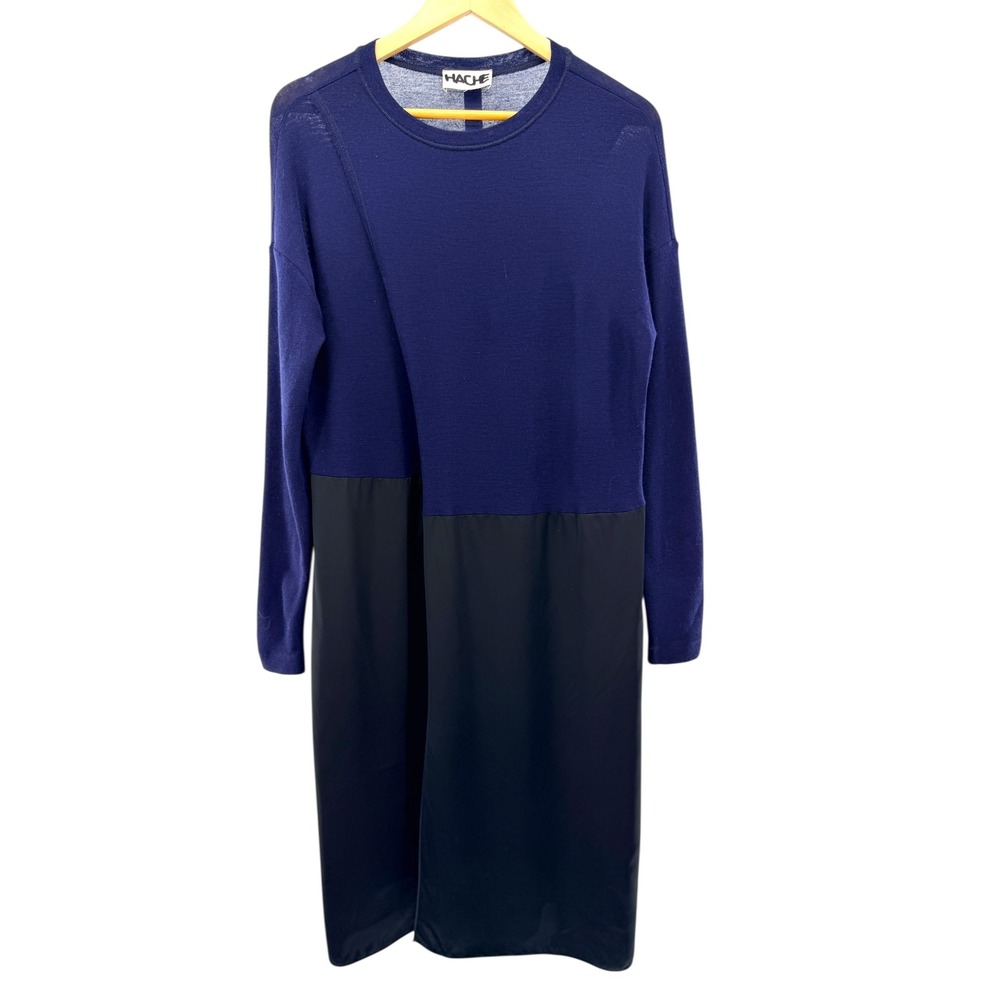 Hache Navy Blue Black Mixed Media‎ Colorblock Knit Satin Long Sleeve Dress Italy
